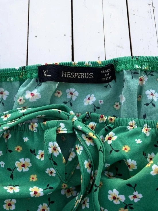 Hesperus Green Floral Romper XL Puff Sleeve Smocked Waist Cottagecore Boho - Picture 4 of 7